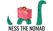 Ness the Nomad logo of a green Loch Ness monster with pink suitcase on it's back